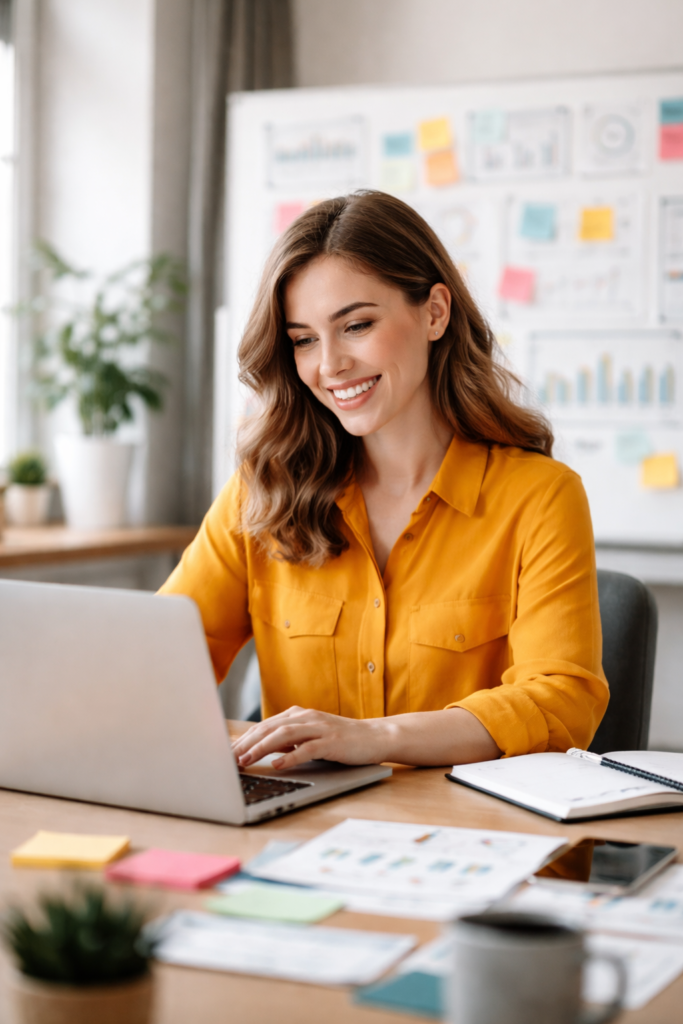 Smiling marketing professional working on a laptop at a modern desk with charts and notes in the background.