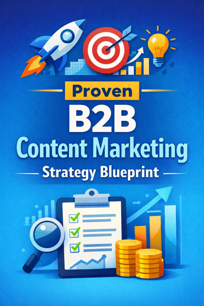 Proven B2B content marketing strategy blueprint graphic with rocket, target, and growth chart icons.