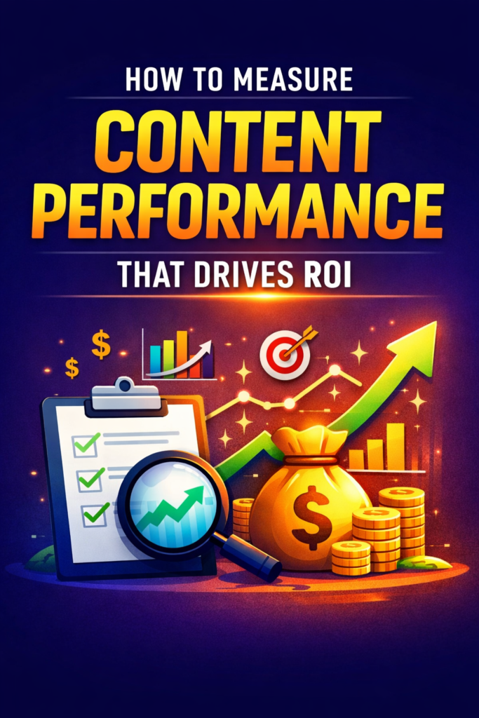 Content performance analytics illustration showing ROI growth chart, checklist, and money icons.