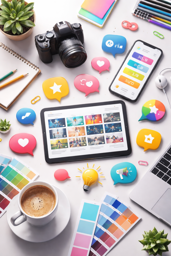 Creative digital marketing workspace with camera, tablet, smartphone, and colorful social media icons on desk.
