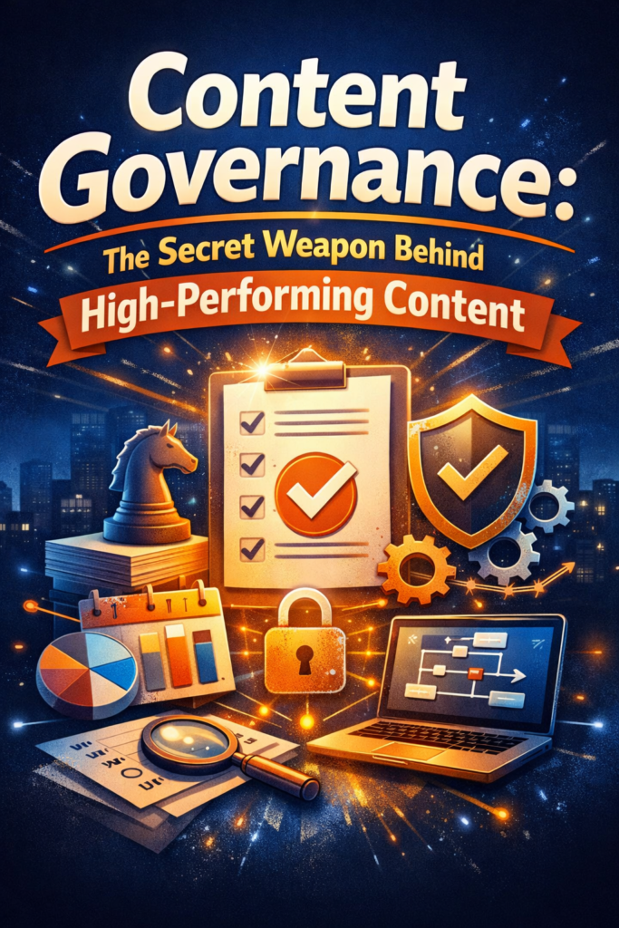 Content governance strategy concept with checklist, shield, gears, and analytics dashboard illustration
