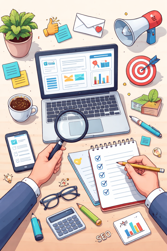 Workspace flat lay with laptop, magnifying glass, notebook, and marketing tools for guest posting research.