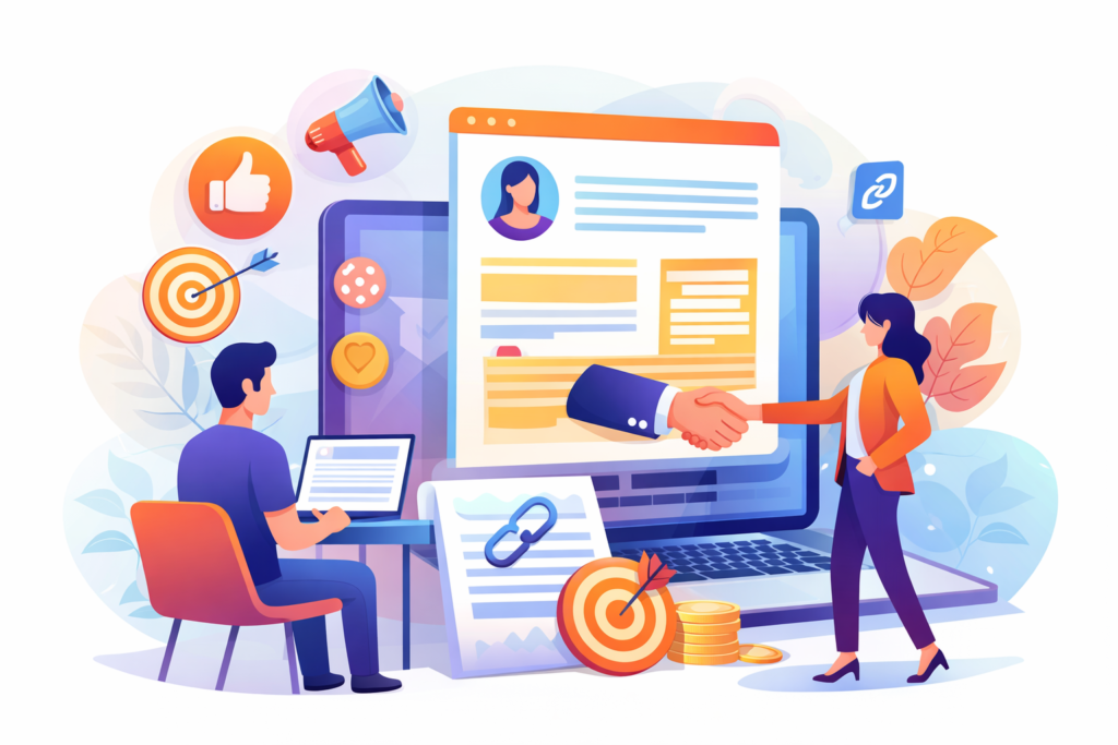 **Alt text:** Colorful illustration of two professionals collaborating online with laptop, handshake, target, and SEO marketing elements.