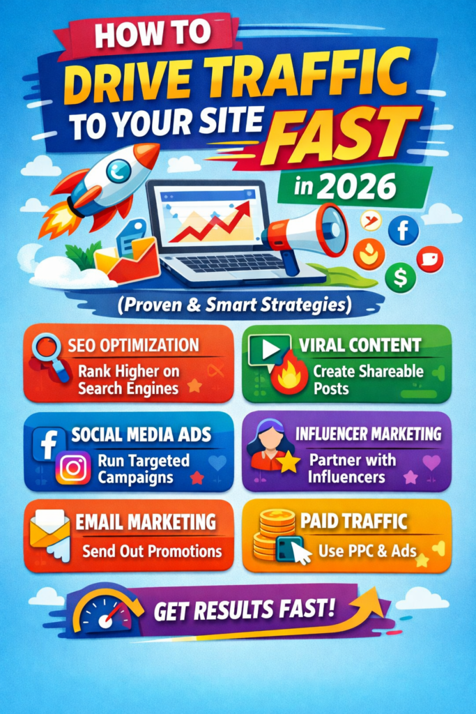 Colorful mobile infographic showing strategies to drive website traffic fast in 2026 with SEO, ads, email, and social media icons.
