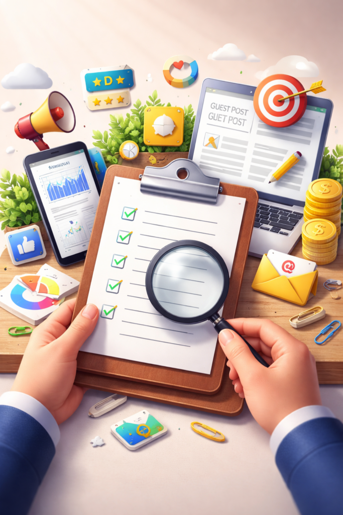 Guest posting comparison concept with clipboard, magnifying glass, laptop, and digital marketing icons.