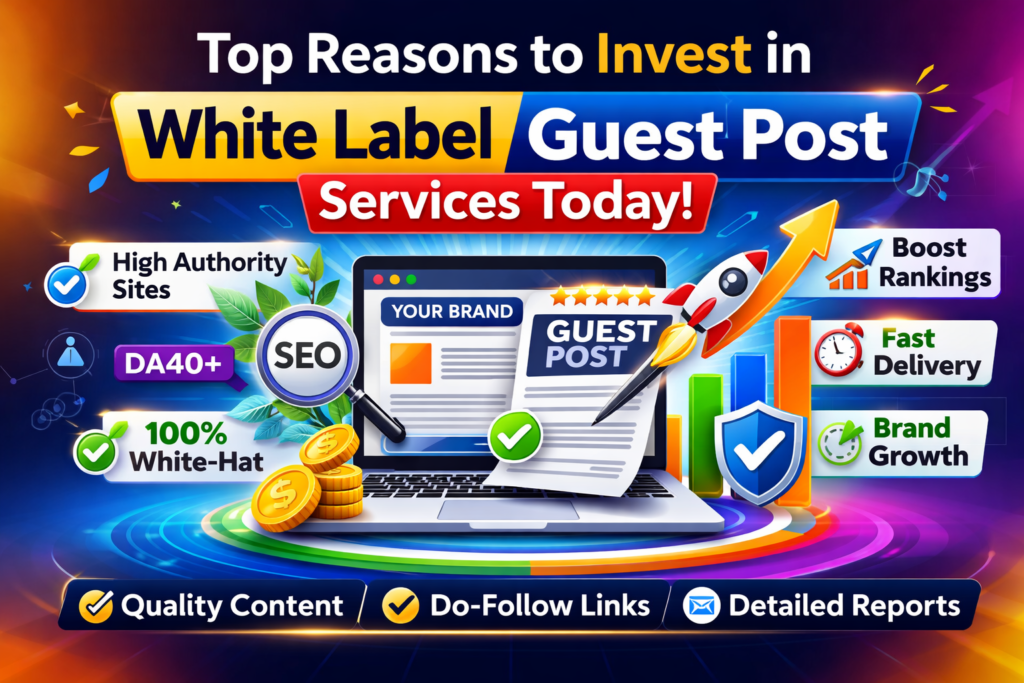 Colorful digital marketing banner showing laptop, SEO growth charts, and guest posting concept for white label services.