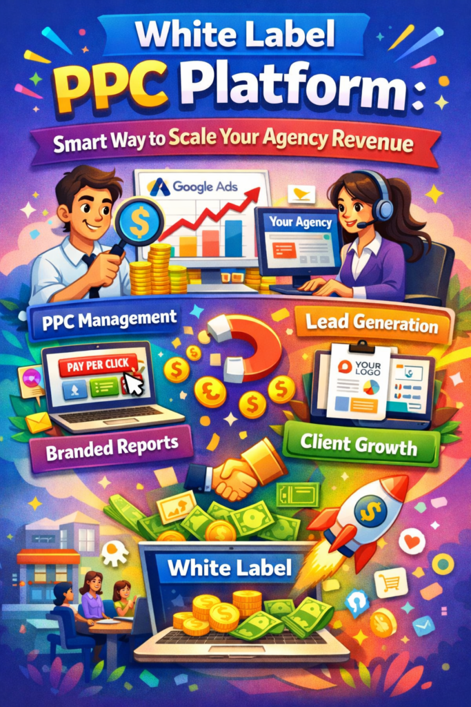 White label PPC platform illustration showing agency growth, PPC management, lead generation, and branded reports.