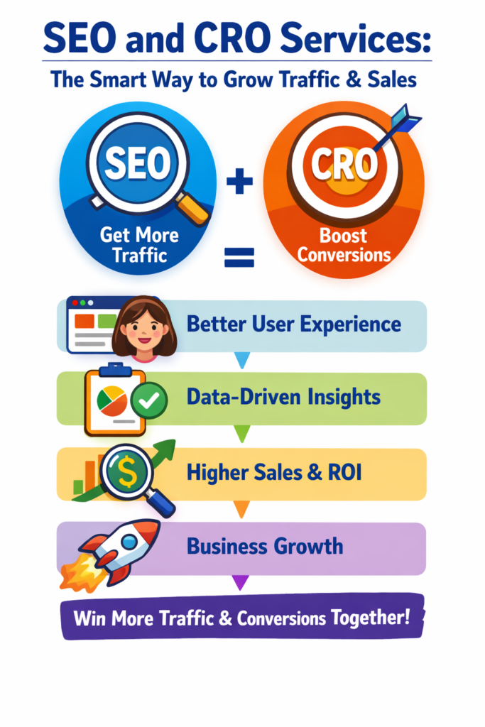 **Alt text:** Colorful mobile infographic showing SEO + CRO leading to higher traffic, conversions, and business growth.