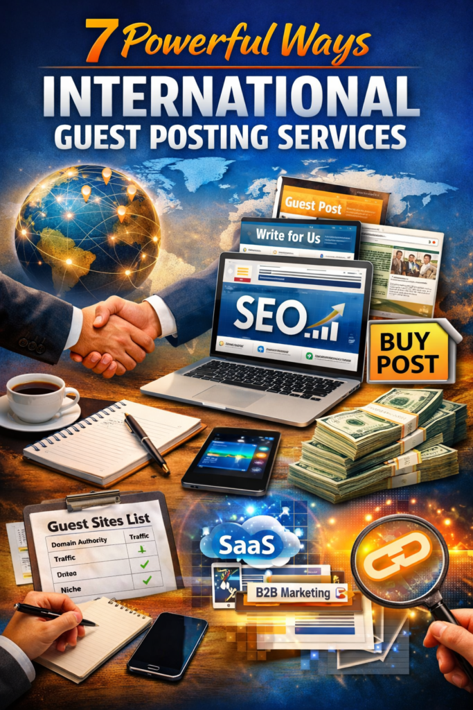 Global business handshake with laptop showing SEO growth, world map connections, guest post websites, and backlink strategy visuals.