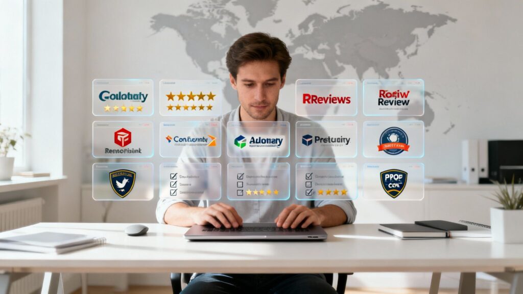 Man working on laptop with floating online reviews and rating icons on screen.