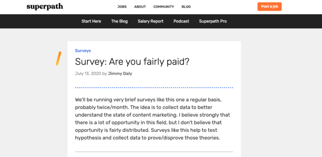 Screenshot of Superpath blog post “Survey: Are you fairly paid?” by Jimmy Daly (July 13, 2020) about content marketing salary research.