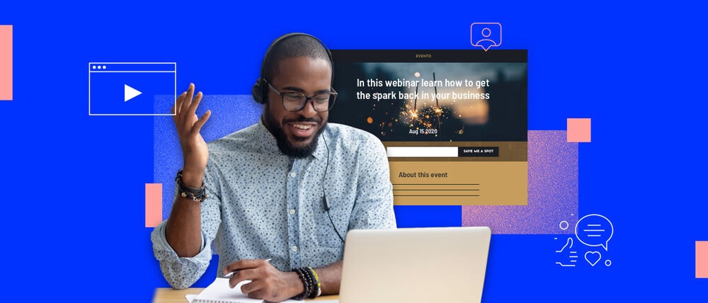Man wearing headset attending an online business webinar on laptop with digital webinar landing page displayed on blue background.
