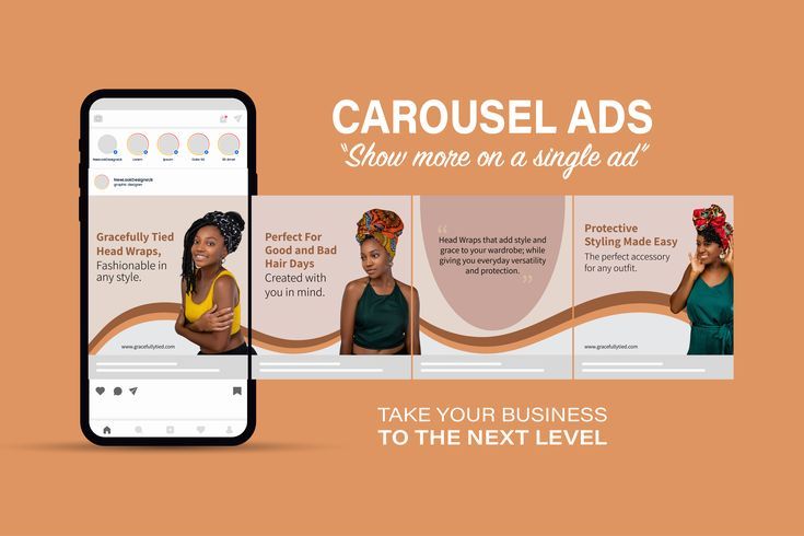 Carousel ad mockup on smartphone showcasing colorful head wrap fashion promotion on orange background.