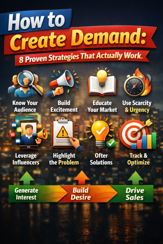 How to Create Demand infographic showing 8 proven marketing strategies to generate interest and drive sales
