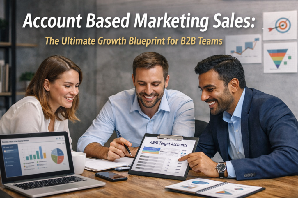 Account based marketing sales team reviewing target accounts and growth charts in office meeting