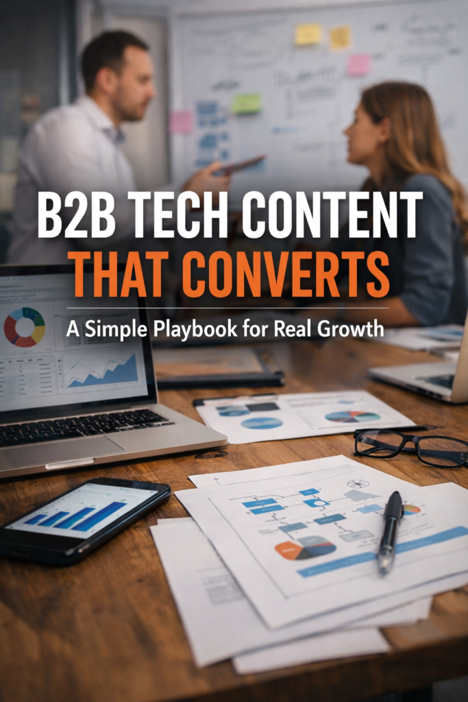 B2B marketing team reviewing analytics dashboard and growth charts in modern office