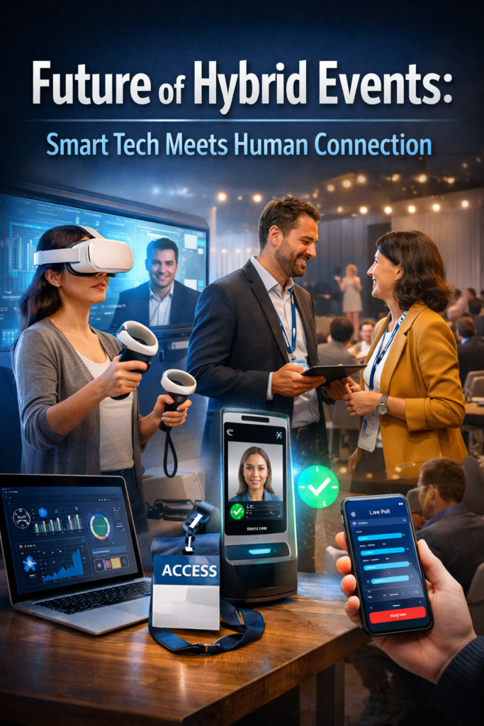 Future of hybrid events with VR technology, live conference networking, and smart event tools.