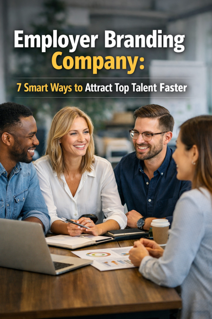 Employer branding company team discussing talent attraction strategy in a modern office