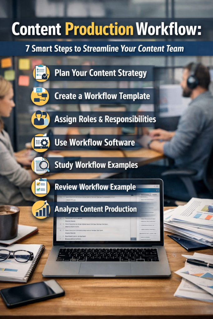 Content production workflow steps shown on a modern marketing team workspace dashboard