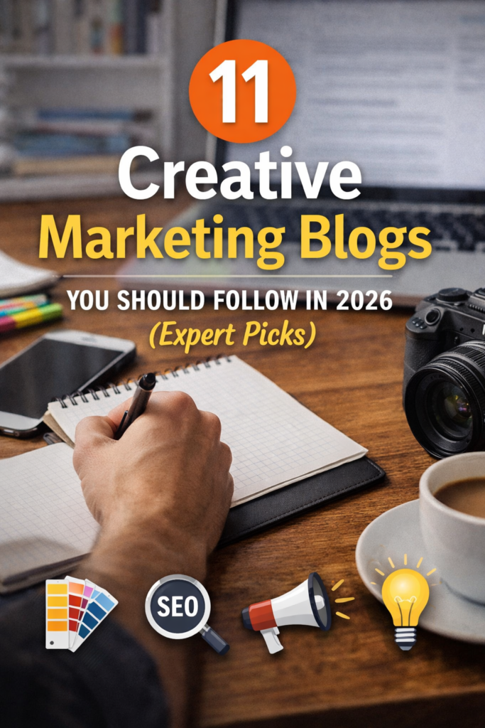 Creative marketing blogs workspace with laptop, notebook, and SEO tools concept