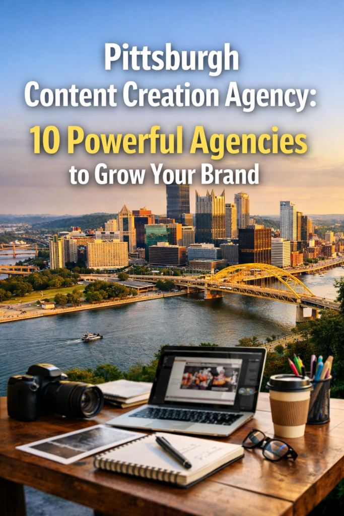 Pittsburgh skyline with creative workspace representing a pittsburgh content creation agency helping brands grow through digital marketing.