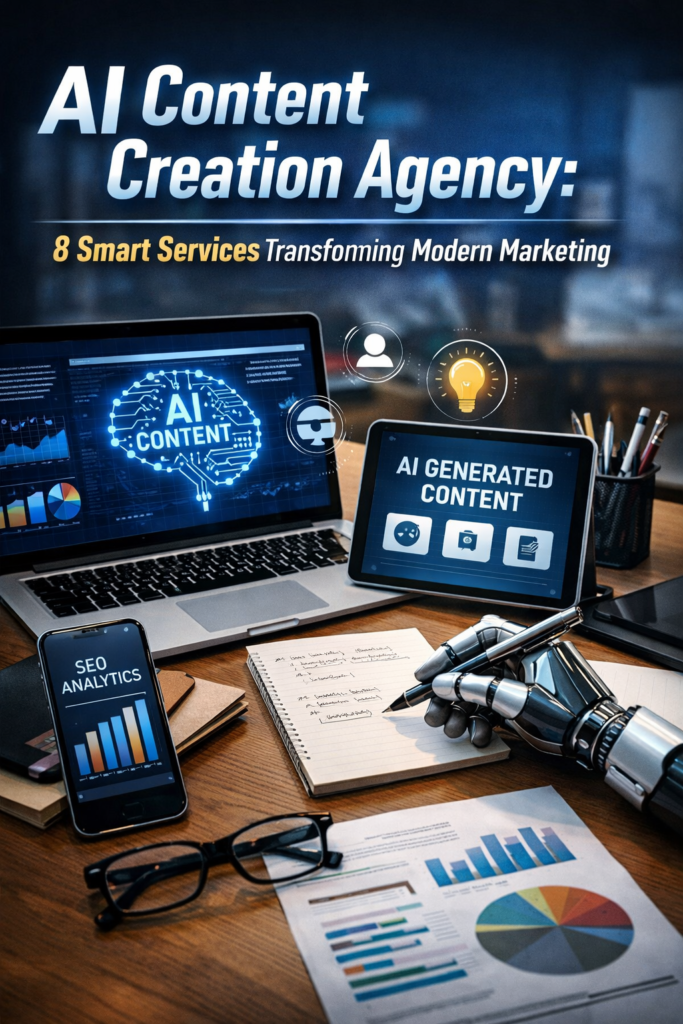 AI content creation agency workspace showing laptop with AI analytics dashboard and digital marketing tools.