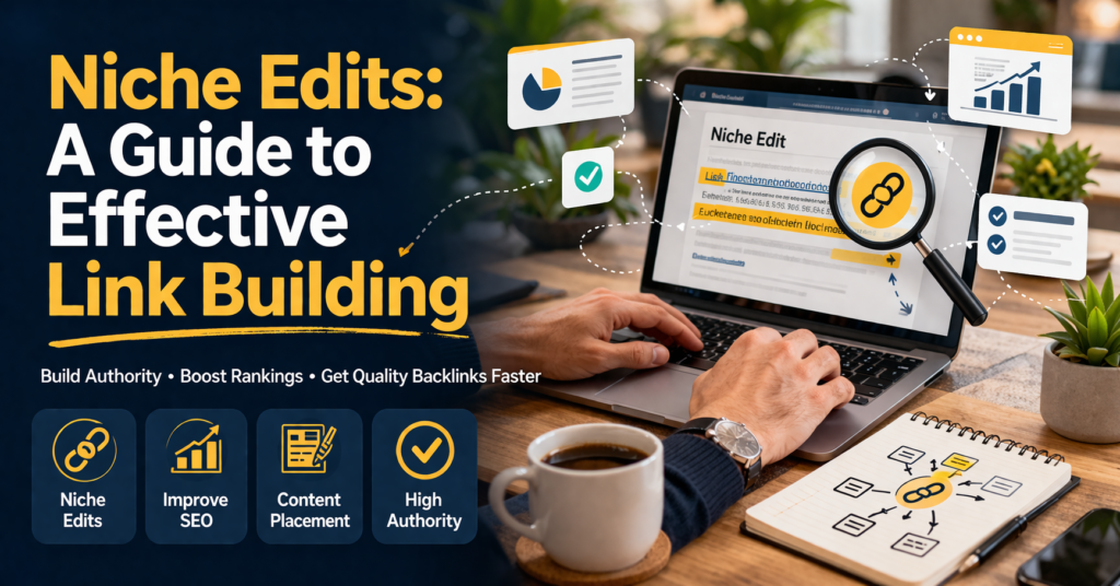 Niche edits link building concept with SEO tools and backlinks illustration