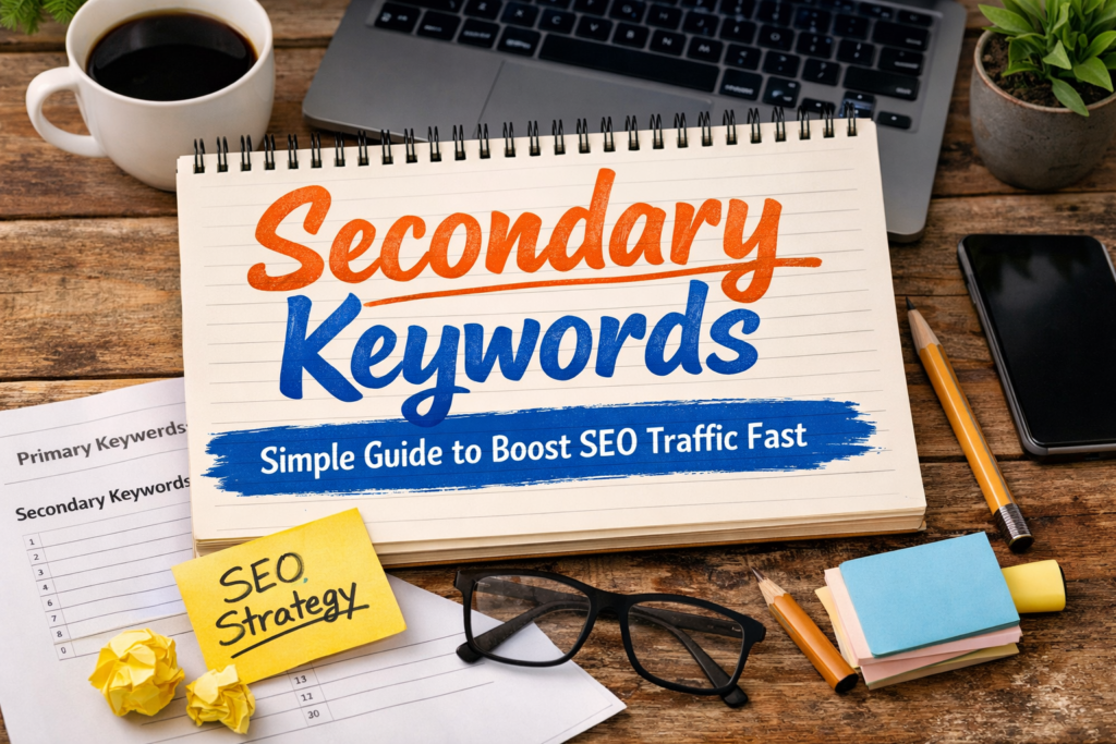 Secondary keywords SEO guide with notebook and workspace setup