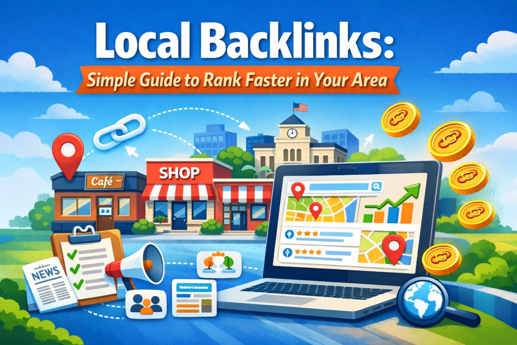 Local backlinks concept with map, businesses, and SEO growth icons