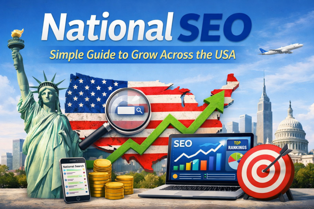 National SEO growth strategy across USA with analytics dashboard
