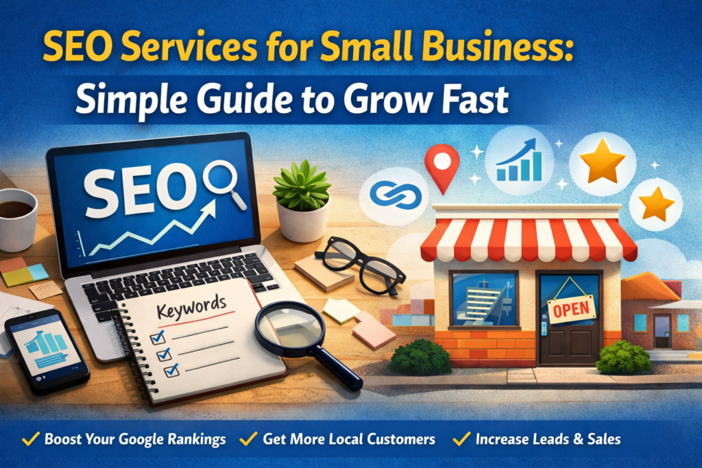 SEO services for small business growth illustration with laptop and local shop
