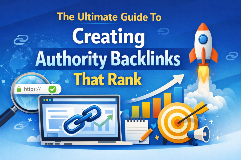 Authority backlinks guide with SEO growth chart, rocket launch, and link building concept
