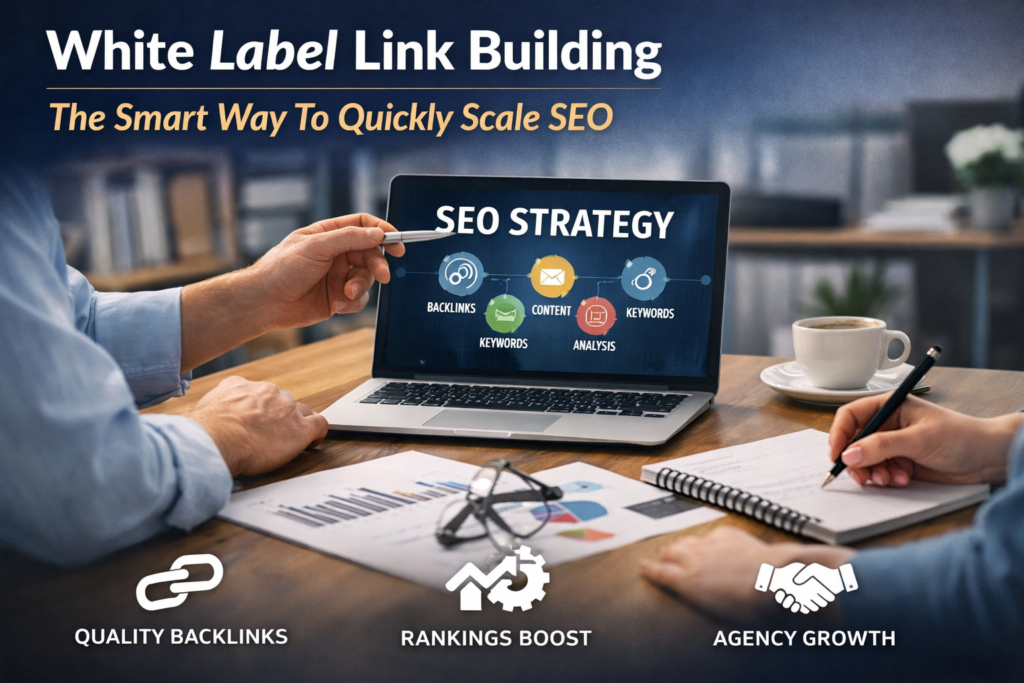 White label link building SEO strategy on laptop with backlinks and ranking growth concept