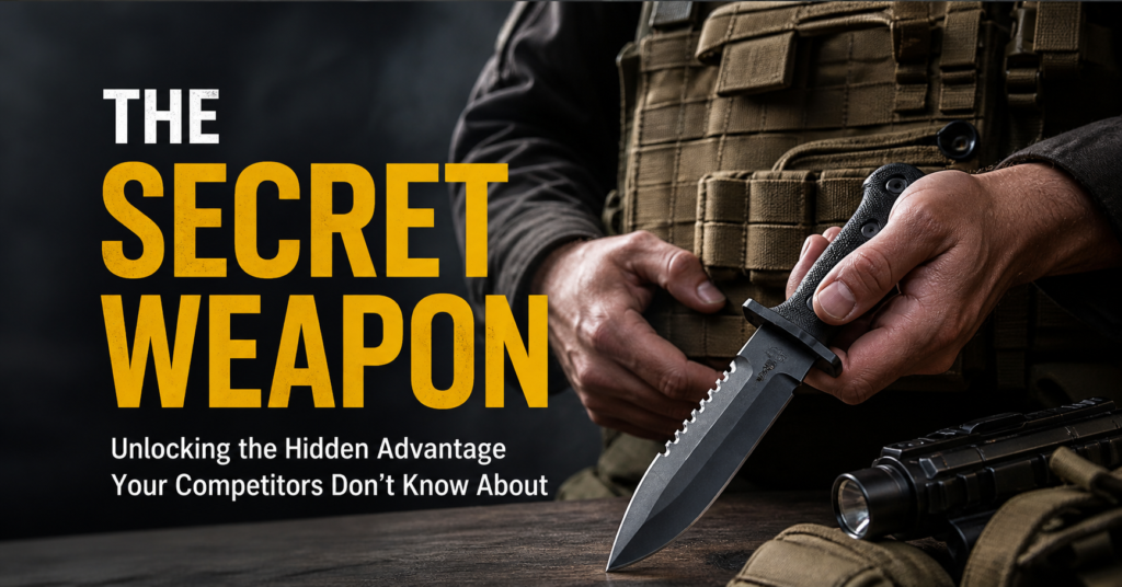 Secret weapon concept with tactical gear and bold marketing text